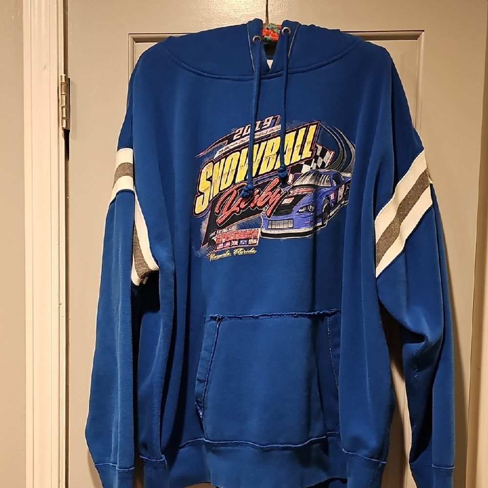 VINTAGE Blue Racing Car Graphic Hoodie Y2K Men Xxlarge Sweatshirt Derby Florida